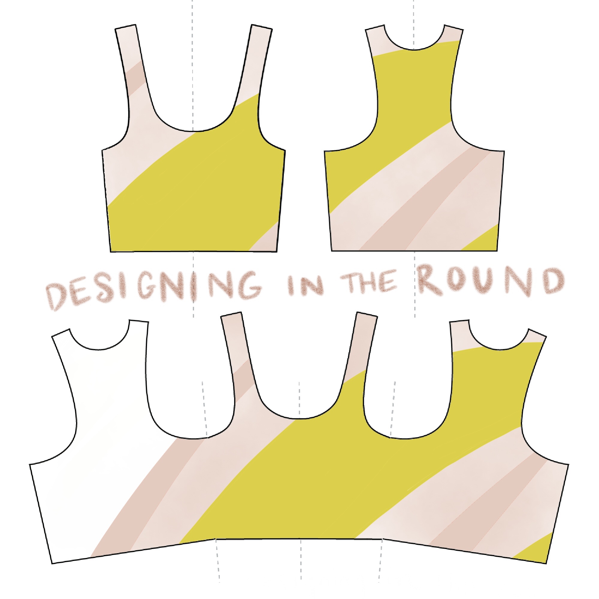 Lingerie design tip one and two: An illustration of the Axis Tank in colorblocking, in white, two shades of pink and avocado green
