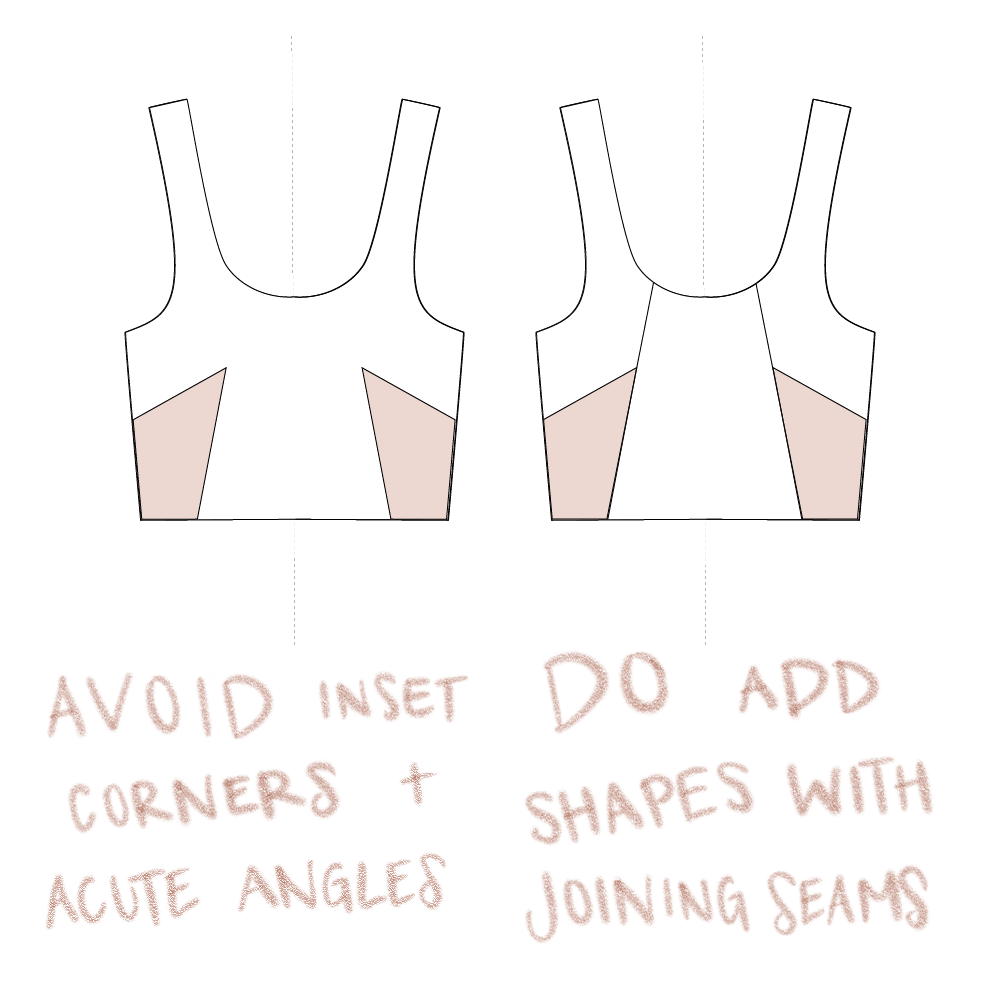 Lingerie design tip three: An illustration of two Axis Tanks side by side. One is captioned "Avoid inset corners and acute angles" and the other "Do add shapes with joining seams"