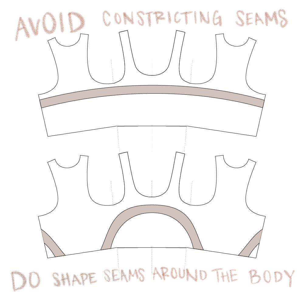 Lingerie design tip four: An illustration of two Axis Tanks laid open. One has the caption "Avoid constricting seams" and the other "Do shape seams around the body". The former has a seam running straight across the bust and the latter has curvy seams that go from waist to bust and back to waist again.