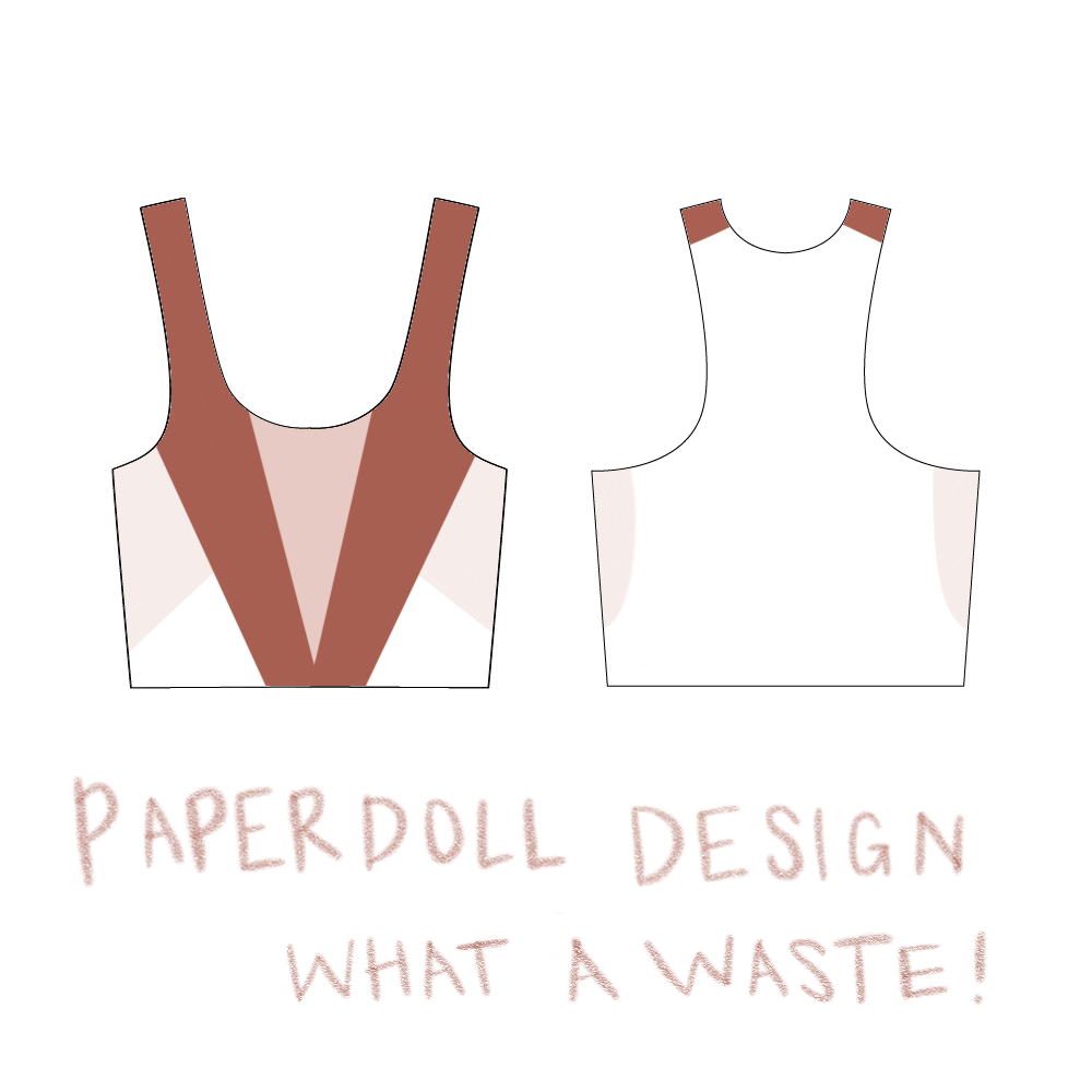 Lingerie design tip (don't) one: An illustration of the front and back of an Axis Tank. The front has heavy colorblocking whereas the back has minimal colourblocking, the caption below says "Paperdoll design, what a waste!"