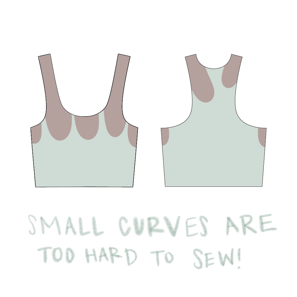 Lingerie design tip (don't) three: An illustration of the front and back of an Axis Tank with small curve colorblocking. The caption reads "Small curves are too hard to sew!"