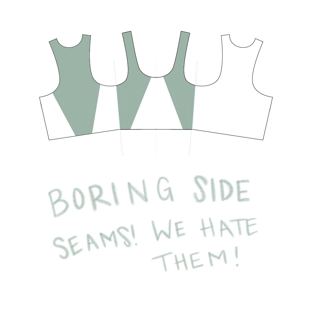 Lingerie design tip (don't) two: An illustration of an opened up Axis Tank with colourblocking ending sharply along the side seams. The text below it reads "Boring side seams! We hate them!"